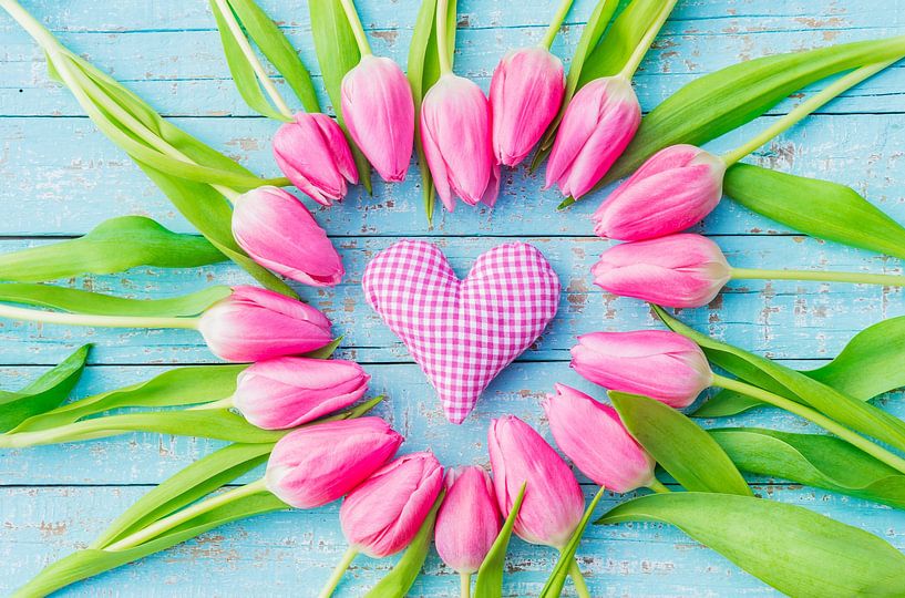 Pink heart and tulip flowers on blue wood background for Mother's day by Alex Winter