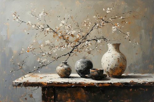 Ein alter verwitterter Holztisch mit Keramikvasen und Blütenzweigen wabi sabi .