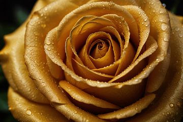 Goldene Rose mit Tau auf schwarzem Hintergrund von De Muurdecoratie