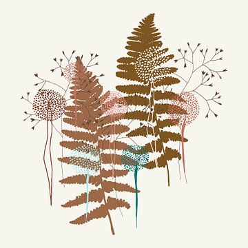 Nordic retro botanical. Fern leaves and flowers in gold and mustard. by Dina Dankers