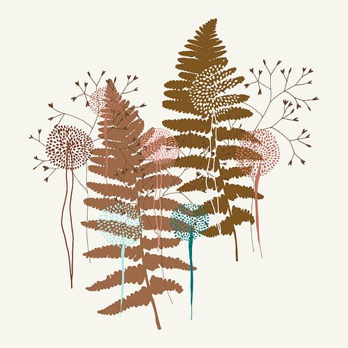Botanique rétro nordique. Feuilles et fleurs de fougère en or et moutarde.