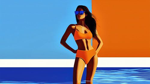 Vrouw in zwembad met oranje bikini