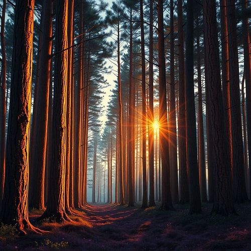 Golden Solace: De straling van de zon die door een mistig groenblijvend bos breekt bij zonsondergang