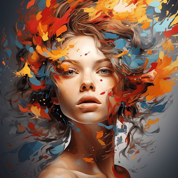 jeune femme portrait avec éclaboussures colorées abstraites vague fond art design par Animaflora PicsStock