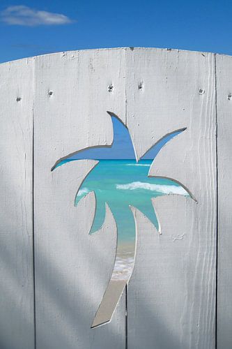 Uitzicht op zee door een opening in het hek in de vorm van een palmboom
