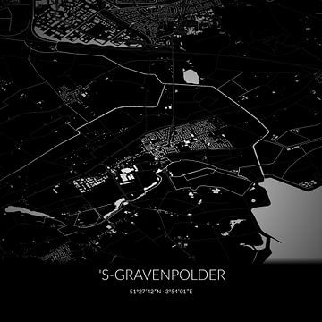 Zwart-witte landkaart van 's-Gravenpolder, Zeeland. van Rezona
