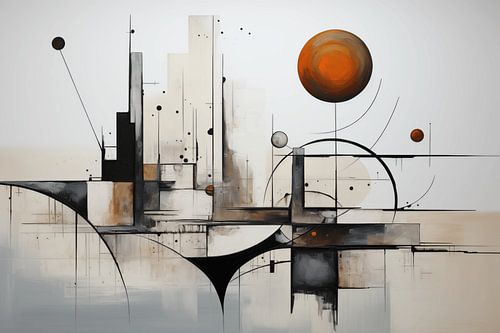 Abstract olieverfschilderij in zwart, grijs en geel