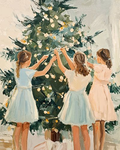 Junge Mädchen schmücken den Weihnachtsbaum