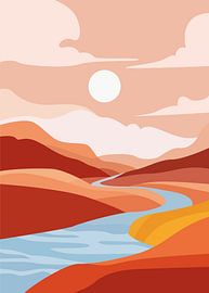 Minimalist landscape of a winding river through mountains under a soft pastel sunset sky. by Adam Khabibi