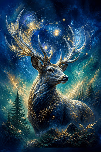 Un cerf mystique dans une forêt enchantée avec un arbre lumineux