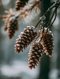 Frosted Pine Cones on a Winter Branch – Nature Art by StudioRemier