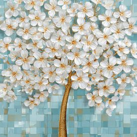 Weißer Blütenbaum mit goldenem Stamm auf blauem Hintergrund von But First Framing