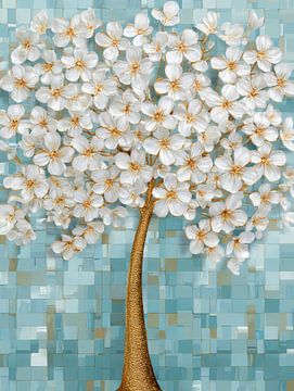 Arbre à fleurs blanches avec tronc doré sur fond bleu