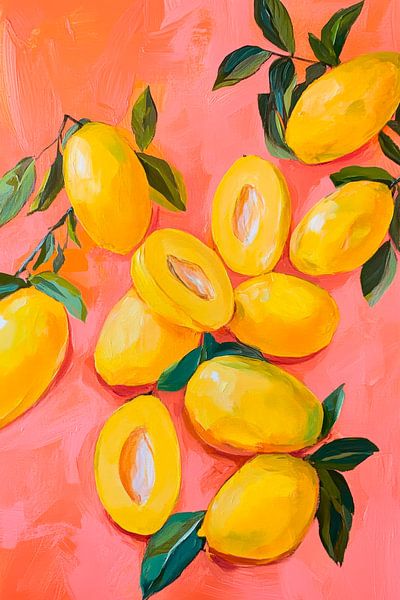Frische Zitronen auf Korallenrot – Aquarell von Poster Art Shop