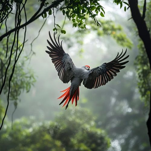 Flying parrot in the fog