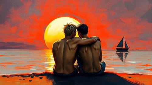 Twee jonge mannen op het strand, verenigd in een moment van genegenheid, terwijl de zon in de zee zakt in gouden en oranjerode kleuren en een klein zeilbootje geruisloos over het water in de verte glijdt