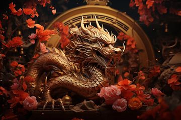 Rendu 3D d'un dragon chinois en or sur Margriet Hulsker