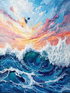 Snoep-bedekte kruinen: Een Impasto zeegezicht met kolkende Cerulean golven en een pastelkleurige Suikerspin Lucht