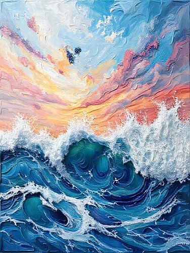 Snoep-bedekte kruinen: Een Impasto zeegezicht met kolkende Cerulean golven en een pastelkleurige Suikerspin Lucht