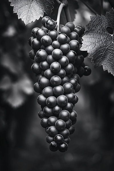 Photo en noir et blanc d'une grappe de raisin avec des feuilles par Art & Soul Creations