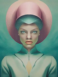Surrealistisch portret van een vrouw met hoed in pastelkleuren