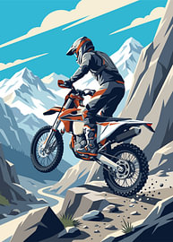 Motocross rider climbing steep rocky cliff, snowy mountains, dynamic action by Adam Khabibi