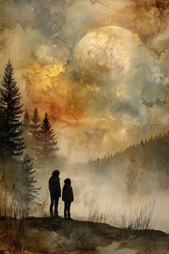 Two Children under the Moon - Dreamy Painting by Peter Pen Drawings and Paintings