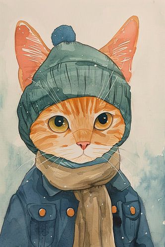 Digitale kunst van een kat met winterkleding