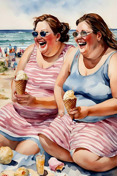 2 sociable ladies eat ice cream on the beach by De gezellige Dames