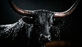 Stier in de regen met regendruppels