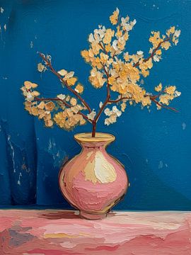 Modern abstract bloesem stilleven in roze en blauw van Studio Pieternel