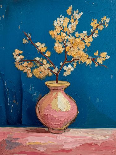 Japandi Stilleven. Abstracte Bloesem in roze en blauw