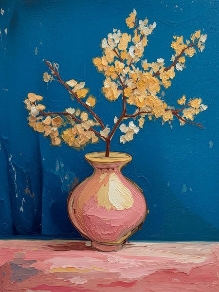 Modernes abstraktes Blütenstillleben in Rosa und Blau von Studio Pieternel