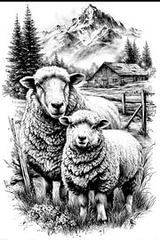 Rustic Sheep Farm Detailed Vintage Line Art by NAIME ATELIER