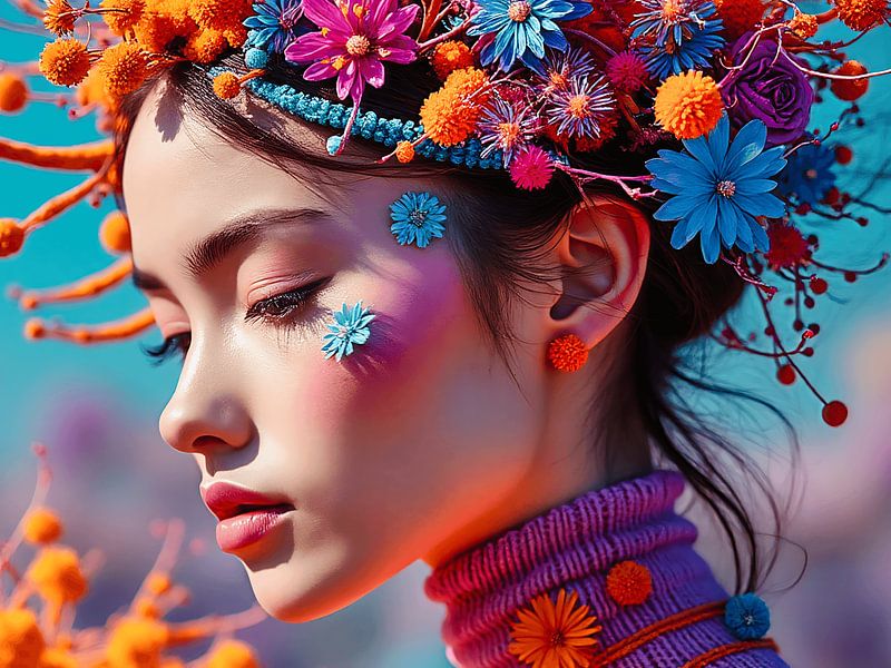 Portret van jonge vrouw met veel kleur en een bloem van The Photo Artist