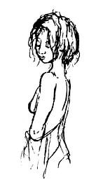 Black and white ink drawing of naked woman