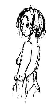 Black and white ink drawing of naked woman by Emiel de Lange