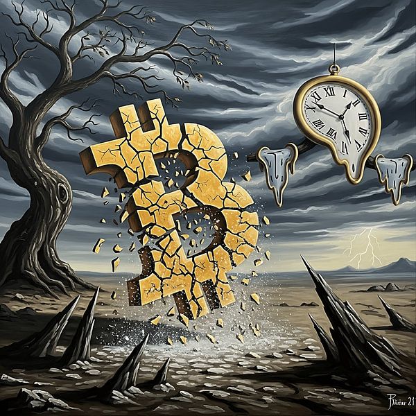 Surreal Bitcoin Zusammenbruch Kunst Illustration von Aden Pink Galerry