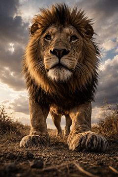 Le roi de la savane – un lion imposant avance d'un pas puissant dans la lumière dorée de la brousse africaine.