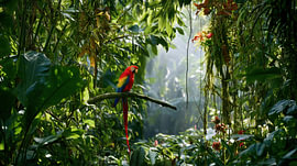 Parrot in a tropical forest panorama