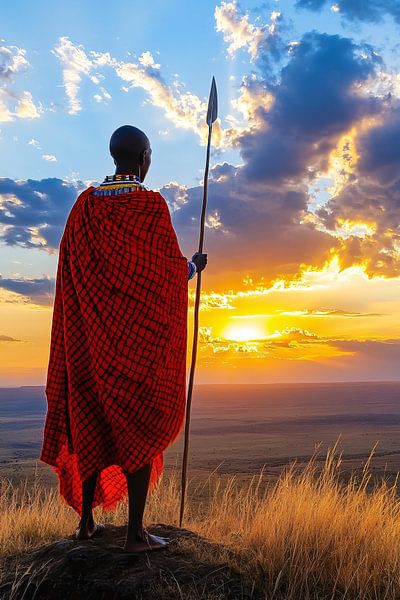 Maasai krijger in Afrikaanse savanne van Imperial Art House