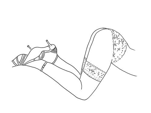 Panty stockings and high heels (line drawing lingerie young lady buttocks suspenders line art fetish