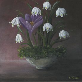 Spring snowflakes and crocus in a bed of moss by Helga Pohlen - ThingArt