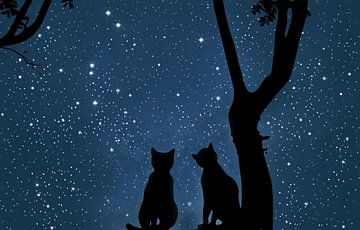 Cats together on a branch at night looking at stars by Patricia Hofmeester