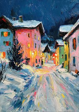 Besneeuwde stad in de schittering van de nachtelijke lichten van Niklas Maximilian
