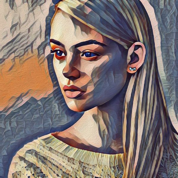 Artistic portrait in blue and orange from set of three by Emiel de Lange