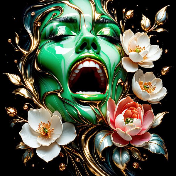 Aufschrei aus Jade in goldenen Fesseln, stummer Schrei – das jadegrüne Antlitz einer Frau umwoben von Ästen und Hibiskus, eingefangen im Schweigen der Dunkelheit von AidasignArt