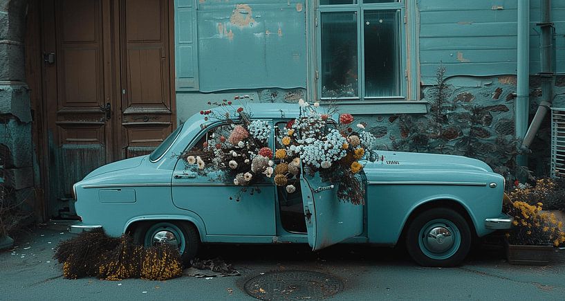 Pastellfarbener hellblauer Oldtimer als Blumenstrauß von Karina Brouwer