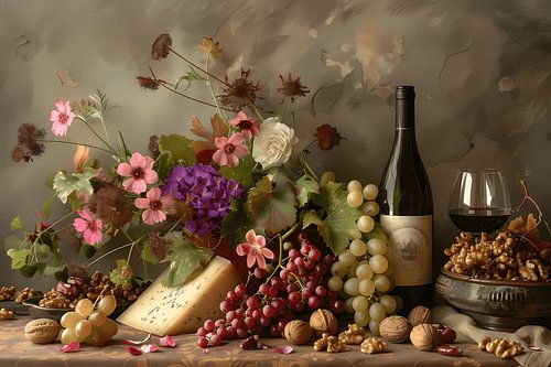 Stilleben mit Käse und Wein