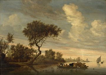 Flusslandschaft mit einem Floß, das Vieh transportiert, Salomon van Ruysdael